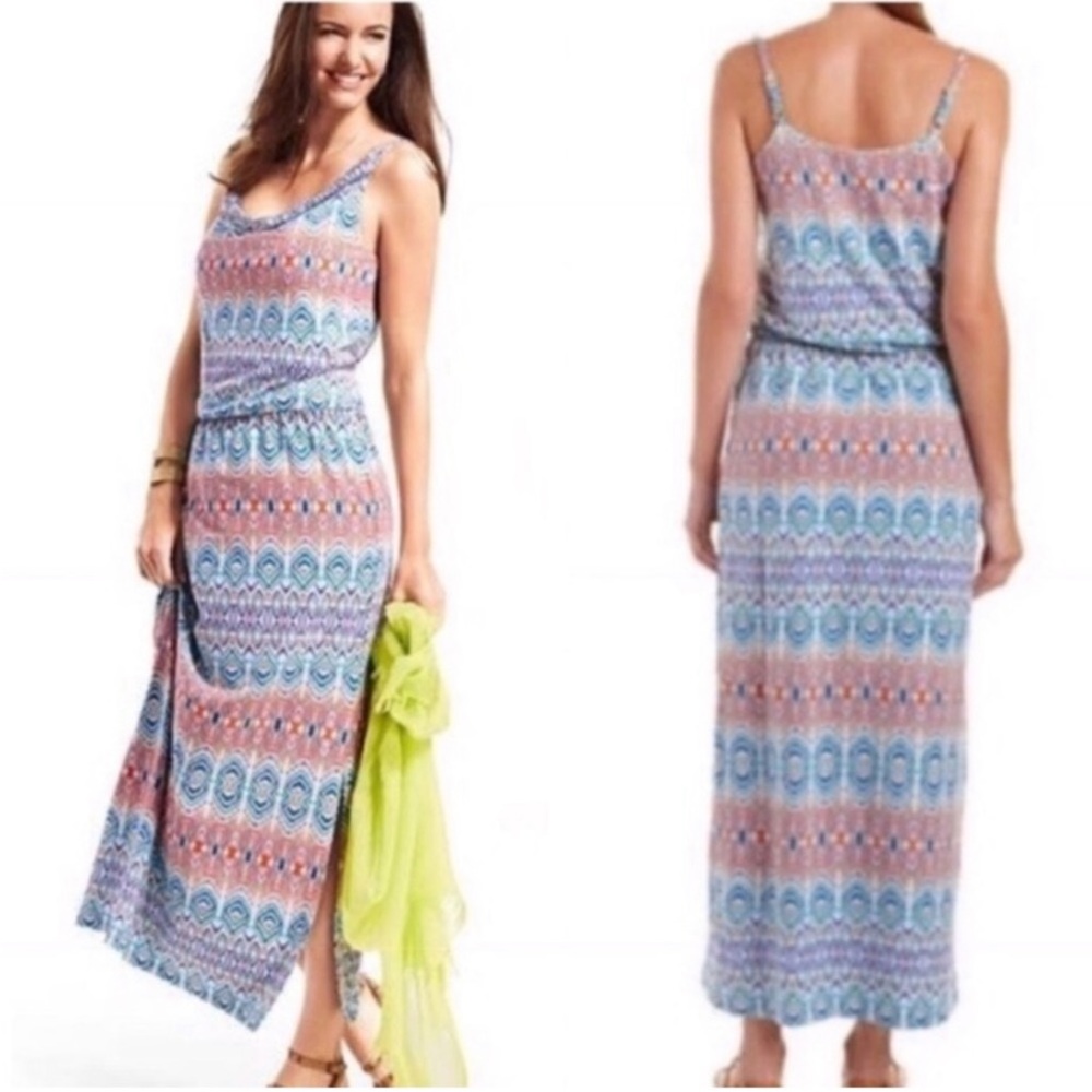 CABI In The Sun Aztec Maxi Dress Women’s M Multicolor Sleeveless Cowl Neck Print